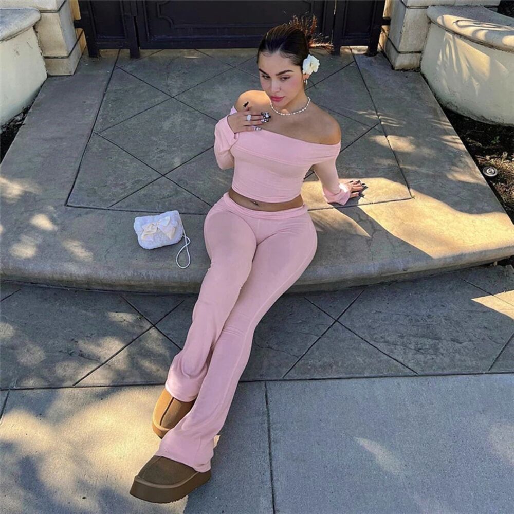 Women Ruched Off Shoulder Long Sleeve Tee Shirt And Flared Pants 2 Pc Set